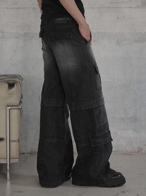 Multi Pocket Cargo Flare Denim Pants - Black