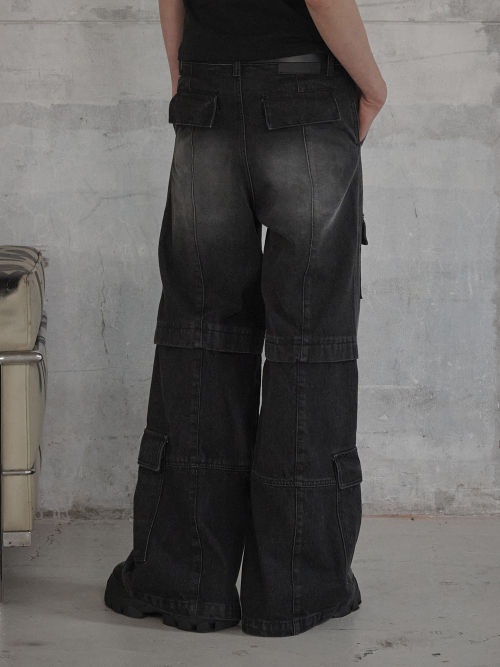 Multi Pocket Cargo Flare Denim Pants - Black