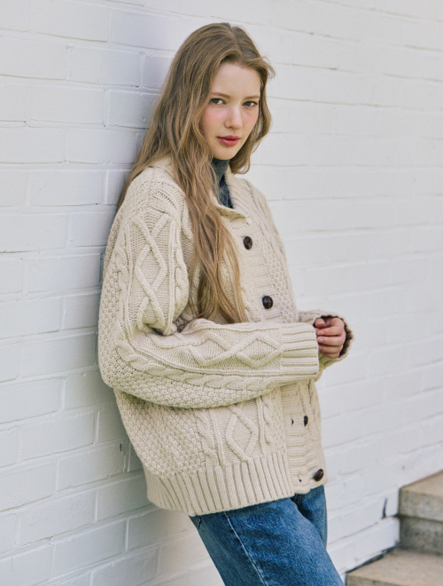 Aran shawl collar alpaca cardigan - beige