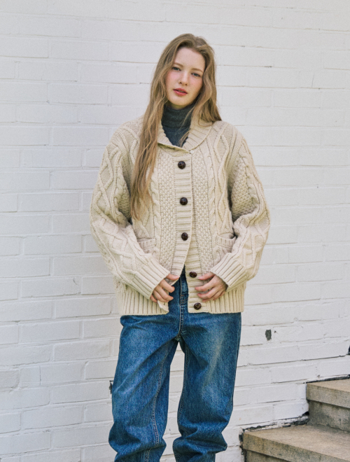 Aran shawl collar alpaca cardigan - beige