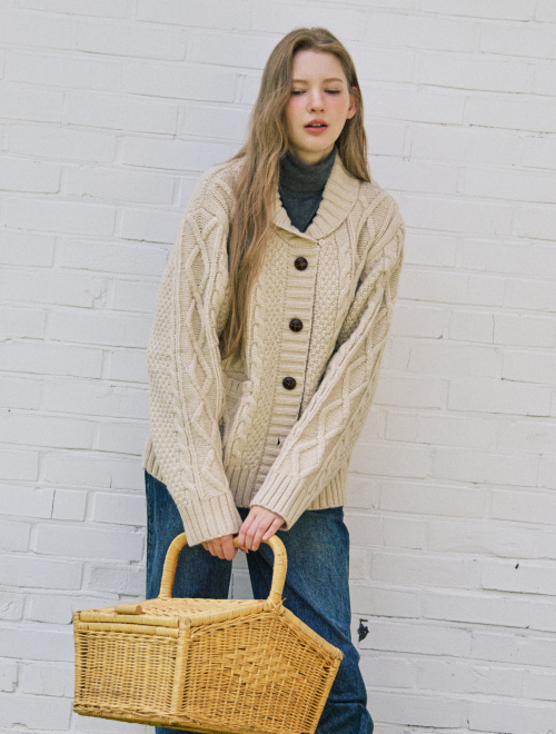 Aran shawl collar alpaca cardigan - beige