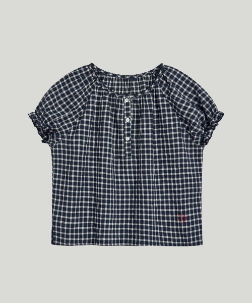 checked puff sleeve blouse_navy