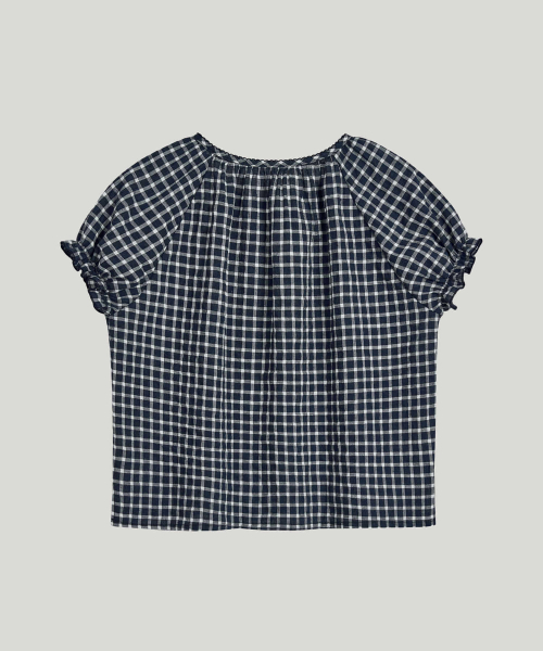 checked puff sleeve blouse_navy