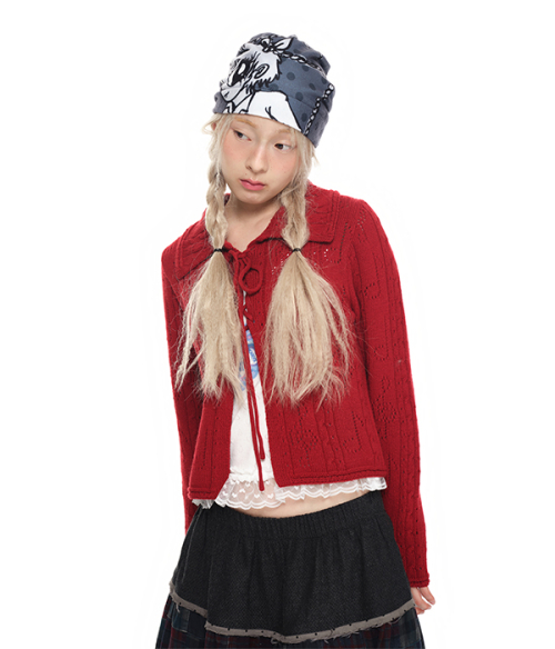 Lace-Up Shawl Collar Cardigan_red