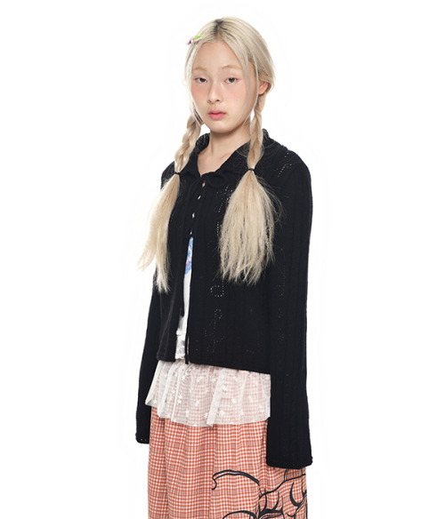 Lace-Up Shawl Collar Cardigan_black