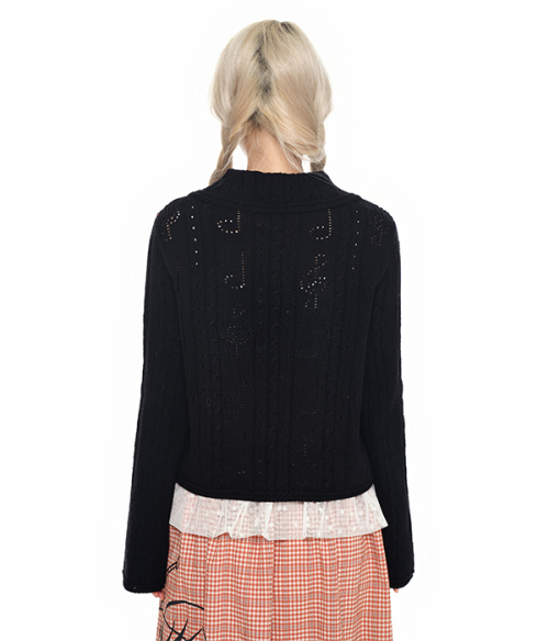 Lace-Up Shawl Collar Cardigan_black