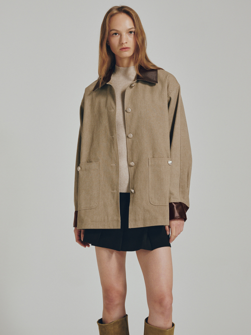 кожаный куртка - бежевый / Cotton Leather Work Jacket - Beige