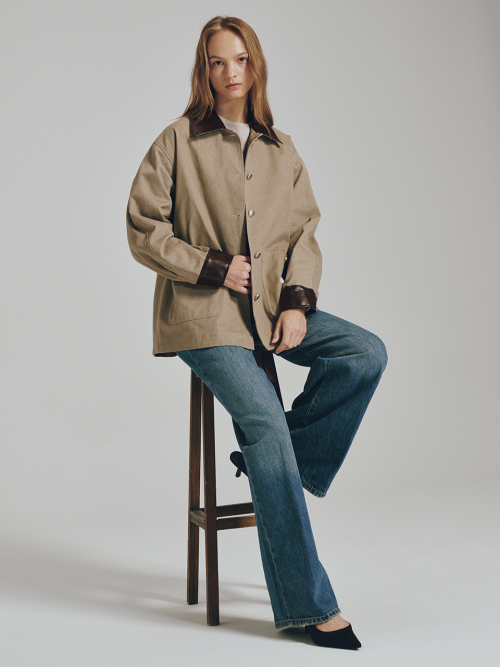 кожаный куртка - бежевый / Cotton Leather Work Jacket - Beige