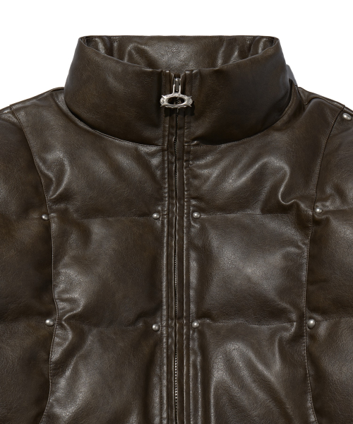 Leather Studded Padded Jacket Brown
