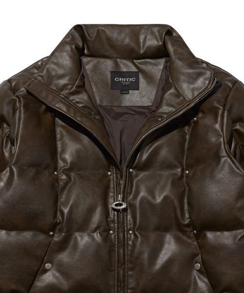 Leather Studded Padded Jacket Brown