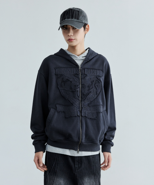 DOODLE HEART APPLIQUE HOOD ZIP UP NAVY