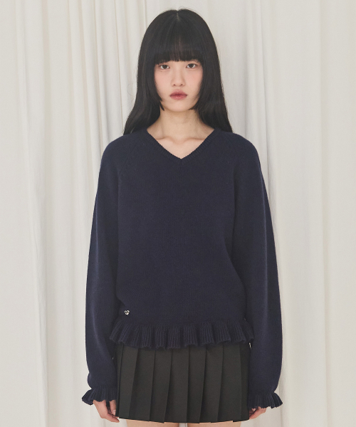 V-Neck Frill Knit (Navy)