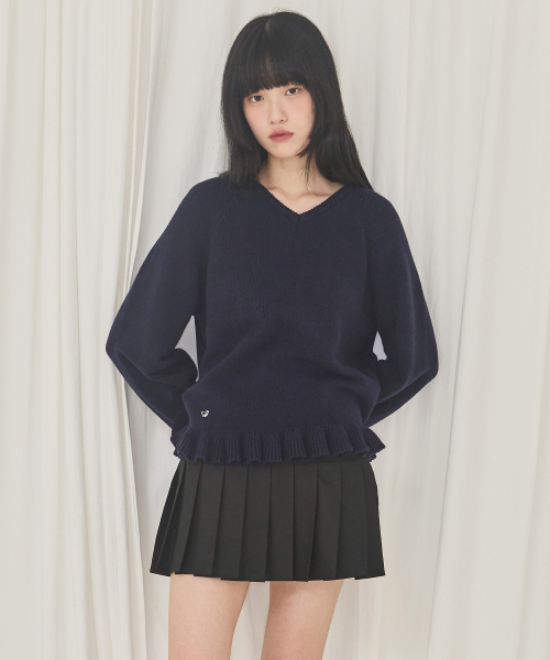 V-Neck Frill Knit (Navy)