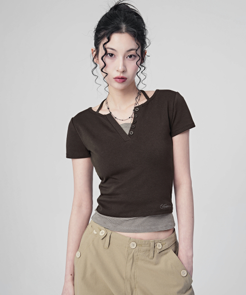 Sally V-вырез Stripe Layered Tee_3Colors