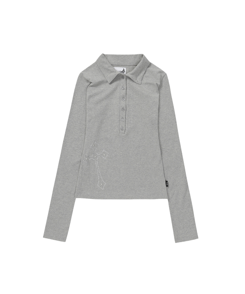 CROSS BUTTON COLLAR LONG SLEEVE_GREY