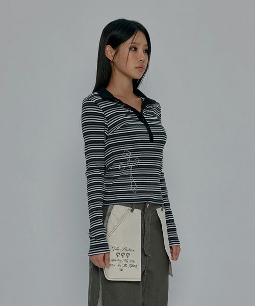 CROSS BUTTON COLLAR STRIPE LONG SLEEVE_CHARCOAL