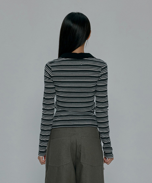 CROSS BUTTON COLLAR STRIPE LONG SLEEVE_CHARCOAL