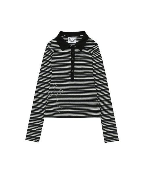 CROSS BUTTON COLLAR STRIPE LONG SLEEVE_CHARCOAL