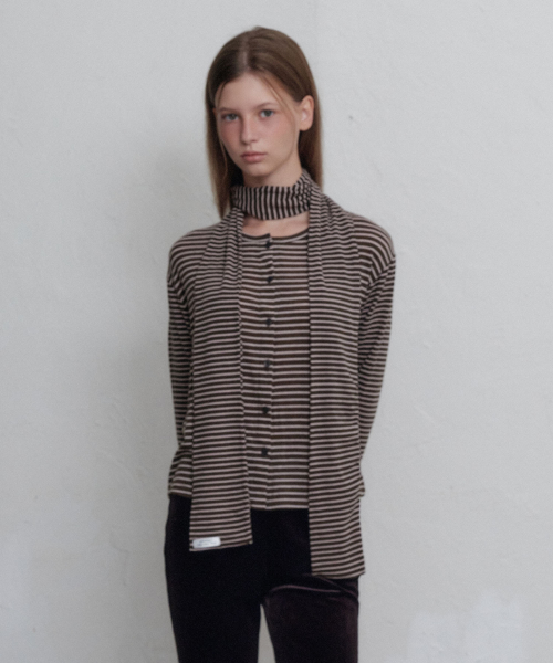 Stripe button длинный рукав-muffler SET (коричневый)
