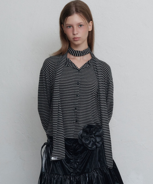 Stripe button длинный рукав-muffler SET (чёрный)