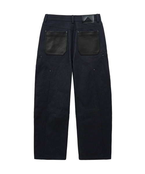 LEATHER MIX DENIM PANTS (DARK NAVY)
