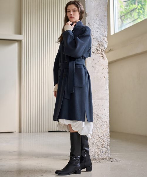 HIGH-NECK DOUBLE HAND MADE COAT_BLUESH GREEN