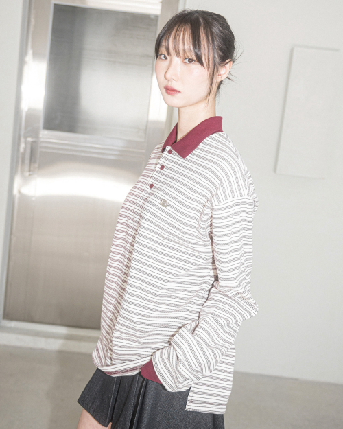AURORA полоска COLLAR L/S TEE(айвори)