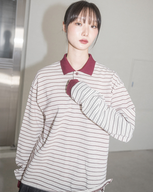 AURORA полоска COLLAR L/S TEE(айвори)