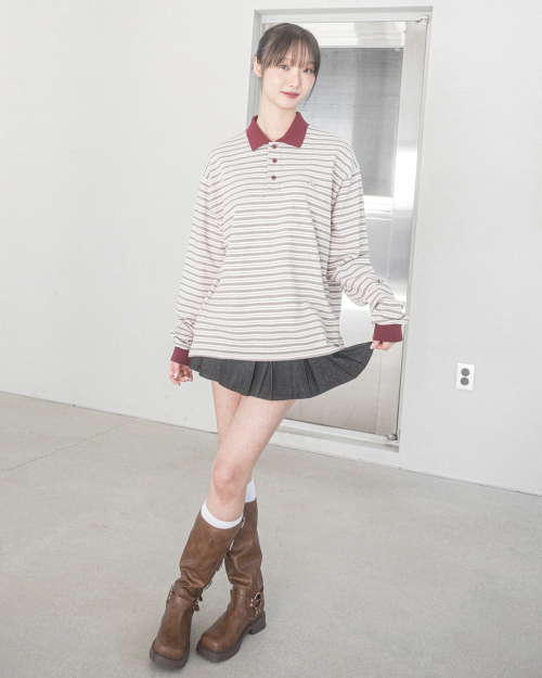 AURORA полоска COLLAR L/S TEE(айвори)