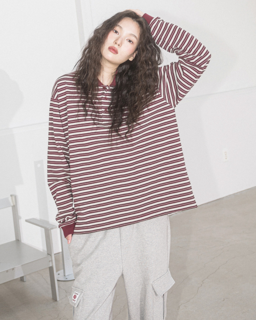 AURORA полоска COLLAR L/S TEE(WINE)