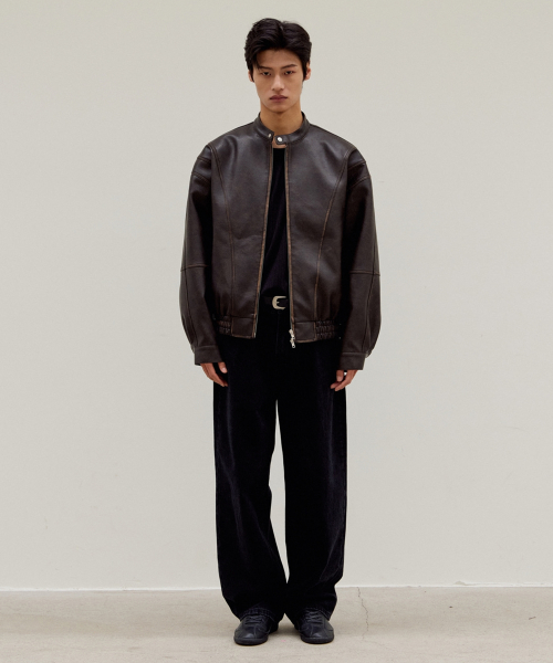 Байкерская кожаная куртка с вышивкой Washed Stitch — Brown