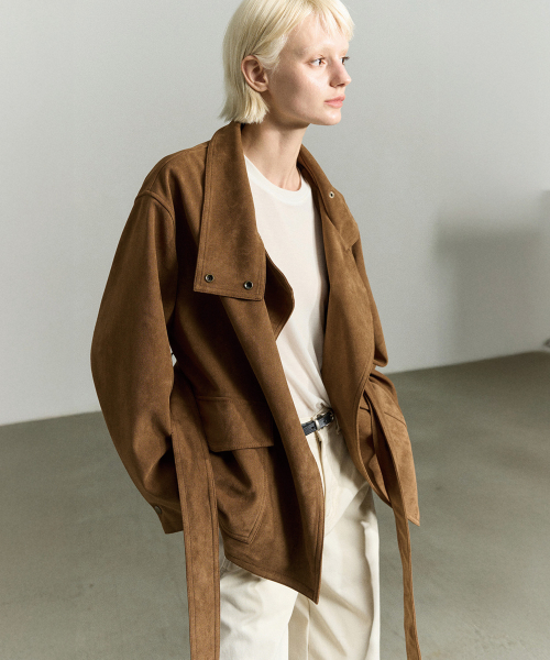 SUEDE FUNNEL NECK JACKET CAMEL BROWN
