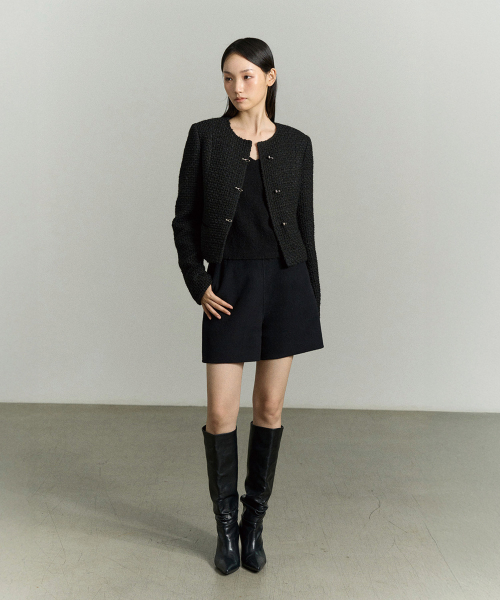 WOOL BLEND TOGGLE-FASTENING TWEED JACKET BLACK