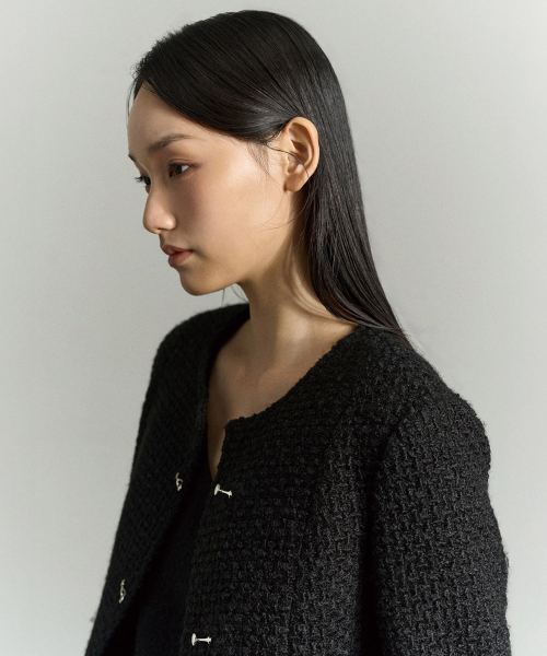 WOOL BLEND TOGGLE-FASTENING TWEED JACKET BLACK