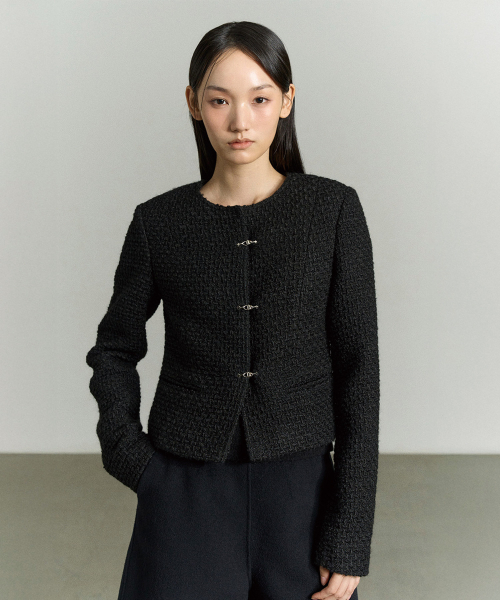 WOOL BLEND TOGGLE-FASTENING TWEED JACKET BLACK