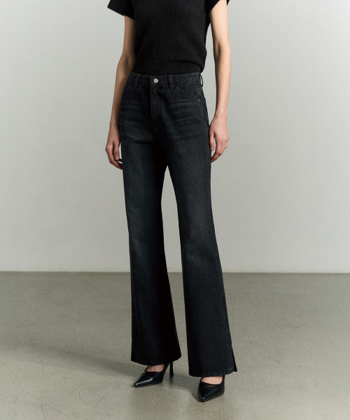 SLIT-HEM BOOTCUT DENIM JEANS WASHED BLACK