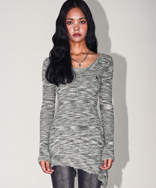 Multi Demage Scoop Long Knit_2Colors