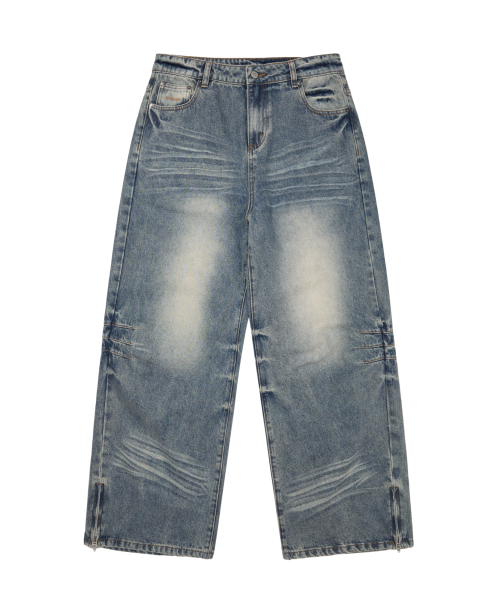 Washed Zipper Slit Denim Pants (Sky Blue)