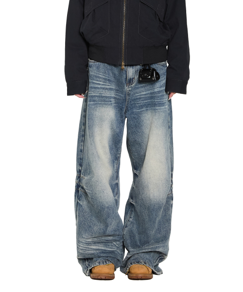 Washed Zipper Slit Denim Pants (Sky Blue)
