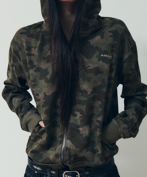 Basic Logo Camouflage Zip-Up Hoodie (Khaki)