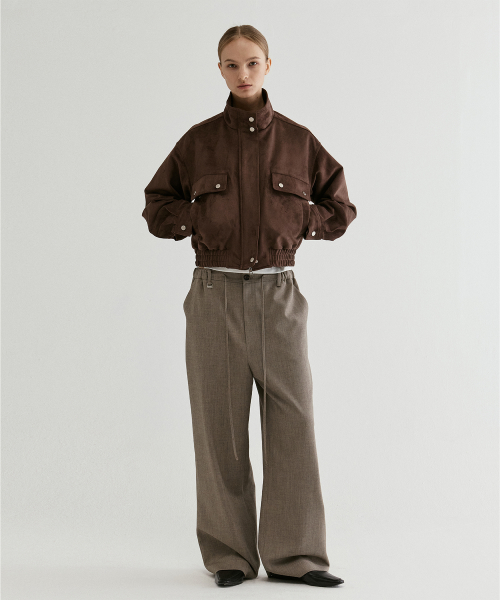 Suede Cropped Bomber Jacket Brown