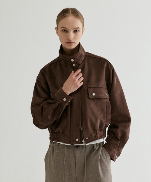 Suede Cropped Bomber Jacket Brown