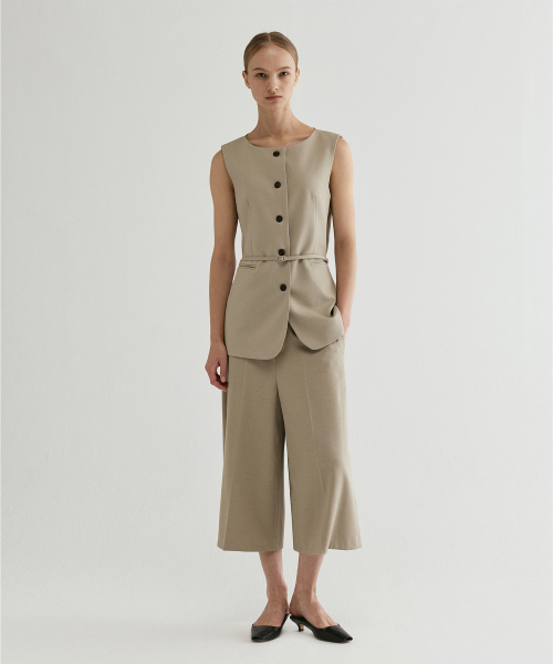 Belted Sleeveless Tailored Vest Beige