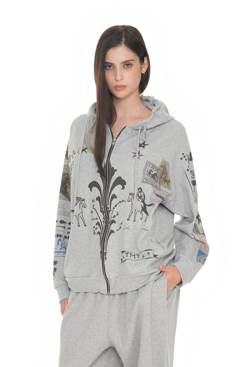 MUSINSA公式 | TOOMUCHTAX PRINTED WAFFLE ZIP-UP HOODIE (GREY)
