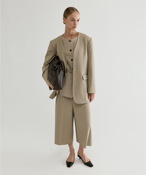 Collarless Tailored Jacket Beige
