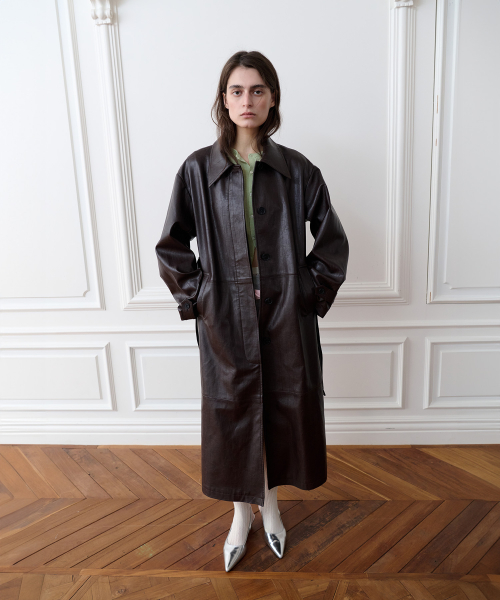 CLASSIC FAUX LEATHER LONG COAT, WINE
