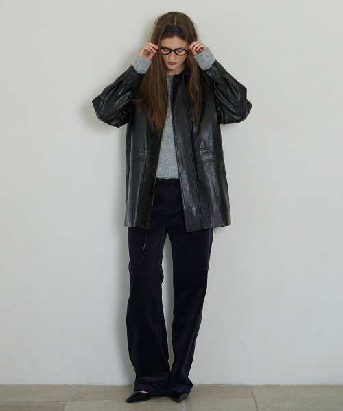 Leather Drawstring Half Jacket_Black