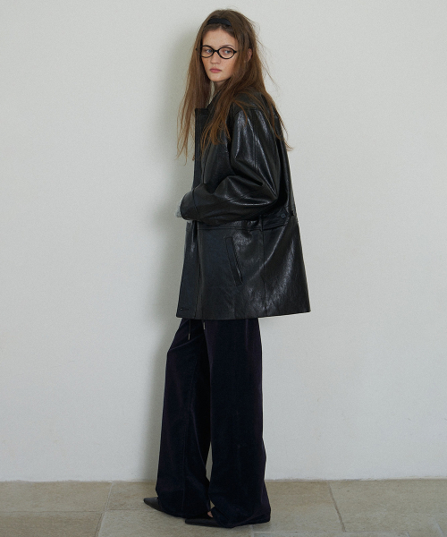 Leather Drawstring Half Jacket_Black