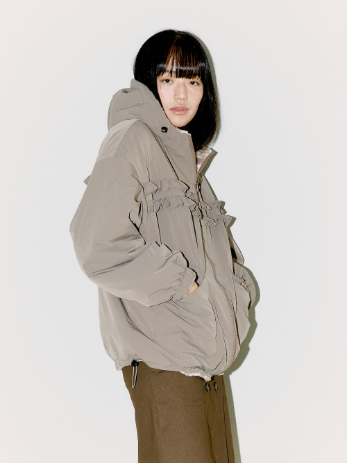 REVERSIBLE FRILL HOODED JACKET, BEIGE/CHECK
