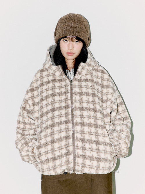 REVERSIBLE FRILL HOODED JACKET, BEIGE/CHECK